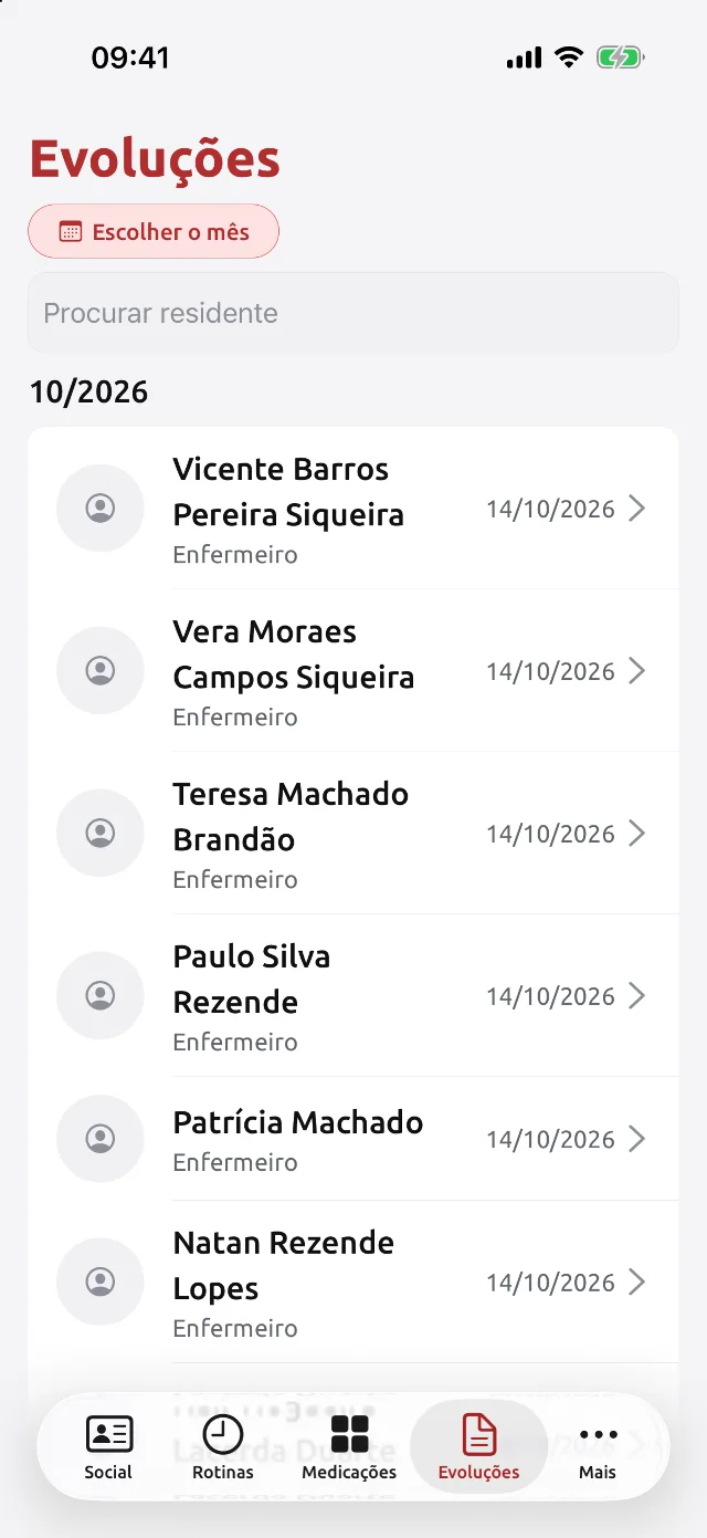 Lista de evoluções do mês por residente