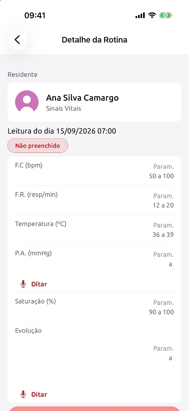 Preenchimento de uma rotina de sinais vitais, com a opção de ditar