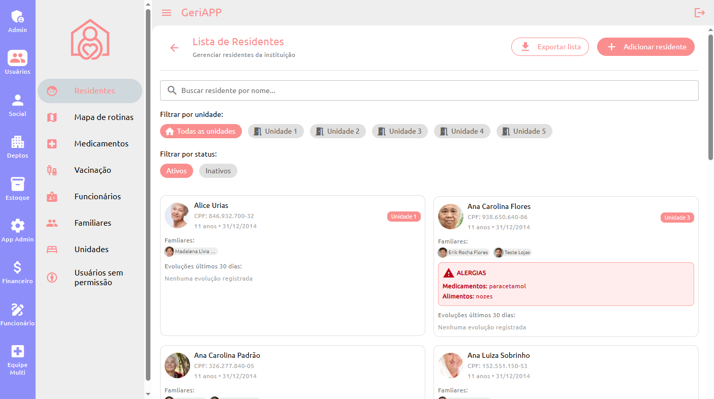 Lista de residentes no GeriApp